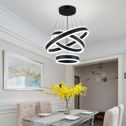O'NEELDY Modern LED Chandeliers Adjustable Hanging Black Pendant Light Fixture 3 Ring Flush Mount Chandeliers for Bedroom,Kitchen,Island Cafe - Image 3