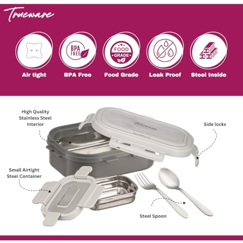 Image of Trueware Picaso Jr. Insulated Inner Steel Thermoware BPA Free, Airtight, Food Grade, 2 Containers Lunch Box 750 ML | for School, Kids, Boy & Girl | Hot Lunch Box