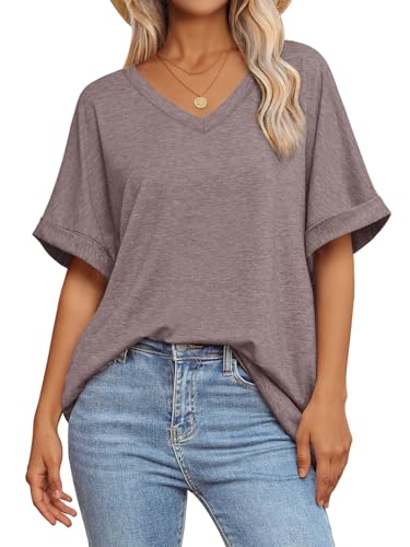 Image of ATHMILE Womens Oversized T Shirts Loose Fit V Neck Short Sleeve Summer Casual Blouse 2025 Y2K Tee Tops