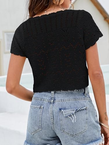 Image of Women's Crochet Shrug Knit Sweater, Short Sleeve Tie-Front Cropped Cardigan | Lightweight Open-Knit Bolero Tops, Cute Boho V-Neck, Styled Over Evening Dresses, Spring Summer Layering, Beach Cover-Up
