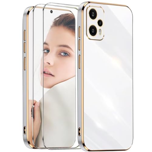 ATISIJIE Funda para XiaoMi Poco X4 GT 5G,Antigolpes Carcasa Flexible de Silicona Suave con 2× Cristal Templado,Diseño Marco Dorado Cubierta Protectora-Blanco