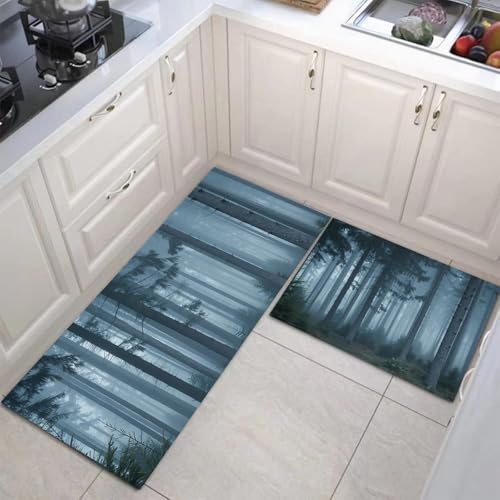 Alfombrillas de cocina para suelo de madera tapetes de pasillo gris carbón estilo bosque brumoso 4