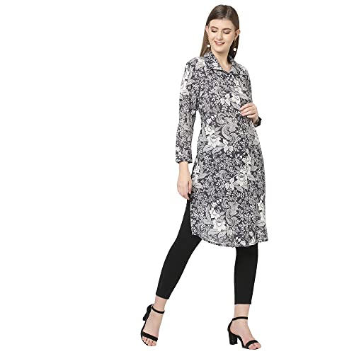 Image of CLOTH HAUS INDIA Floral Printed Shirt Collar Modal Kurti