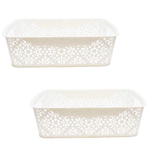 Image of Cutting Edge Essentials Plastic Storage Baskets /Shelf /Turkish Rack without Lid - Set of 2 for Fruit Vegetable Bathroom Stationary Home Basket with Handle (Cream, Medium)