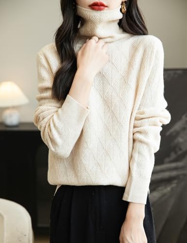Women's 100% Merino Wool Sweater 2025 Fall Winter Fashion Turtleneck Warm Long Sleeve Cable Knit Sweater Tops4