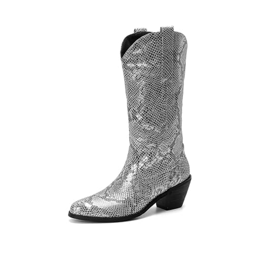 MlYJmer Botas de Vaquero Western para Mujer de Piel de Serpiente, Altura Media hasta la Pantorrilla, con Tacones Gruesos,Plata,39 EU