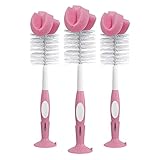 Dr. Brown's Reusable Sponge Baby Bottle Cleaning Brush Set with Suction Cup Stand, Scrubber and Nipple Cleaner, Pink, 3 Pack