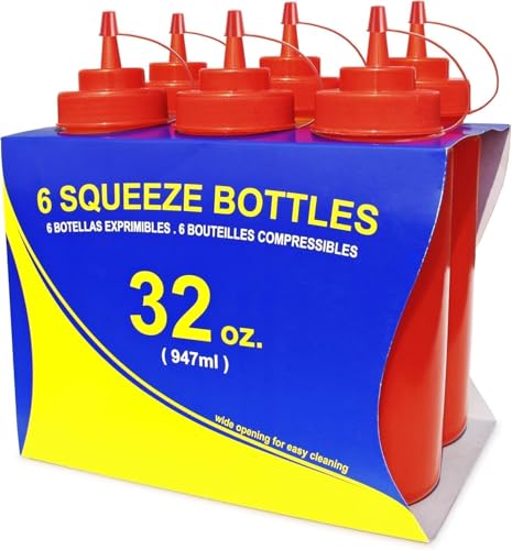New Star Foodservice 533746 Squeeze Bottles, Plastic, Wide Mouth, 32 oz, Red, Pack of 6