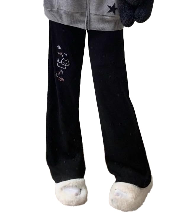 Womens Y2K Corduroy Cute Print Pants Embroidery Kawaii Cartoon Trousers High Waist Casual Sweatpants