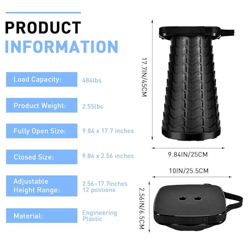 Image of Folding Stool, Camping, Hiking, Fishing, Picnic Chair Seat Table, Round Foldable Stool for Home, Office, Garden, Traveling (Black SQVER)