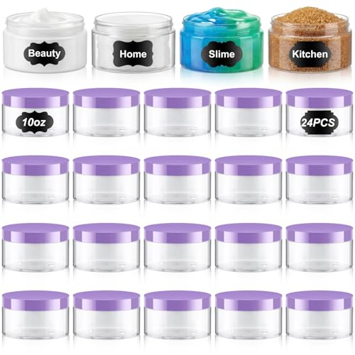 24 Pack 10 oz Clear PET Cosmetic Jars with Purple Lids and Labels for Slime
