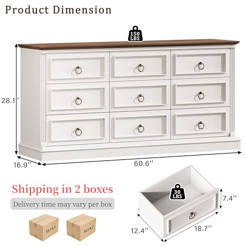 Image of HUAHUU Farmhouse 9 Drawer Dresser for Bedroom, 60 inch Wide Wood Dresser with Roman Column, Chest of Drawers with Antique Bronze Circle Handles, Storage Organizer for Living Room, Hallway, Entryway, White