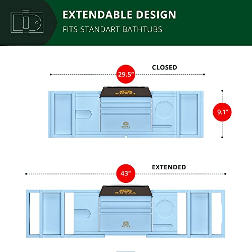 ROYAL CRAFT WOOD Luxury Bathtub Caddy Tray, One or Two Person Bath and Bed Tray, Bonus Free Soap Holder (Blue)