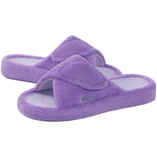 Image of shevalues Summer Arch Support Slippers for Women Adjustable Terry Cloth Fuzzy Indoor Slippers Open Toe House Shoes, Purple 8-8.5 Women/6.5-7 Men
