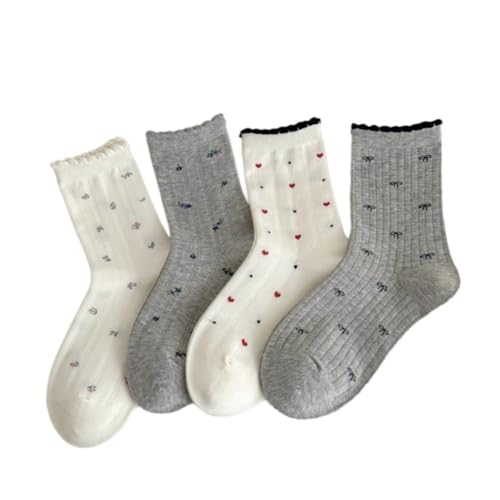 Image of 5 Pairs White Cute Socks, Women's Lace Ruffles Ankle Casual Sock, Cottagecore Breathable Socks, Floral Crew Socks