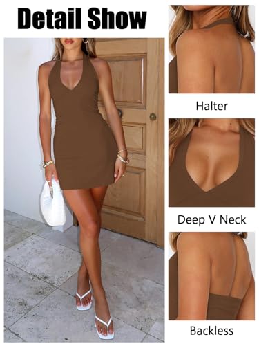 Image of Women's Sexy Halter V Neck Mini Dress for Women Summer Slim Fit Going Out Club Party Bodycon Short Dresses
