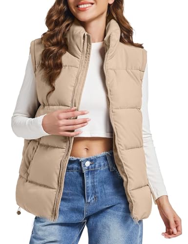 Polu Puffer Vest Women Zip Up Stand Collar Sleeveless Puffer Vests Oversized Padded Gilet Jacket(Khaki,M)