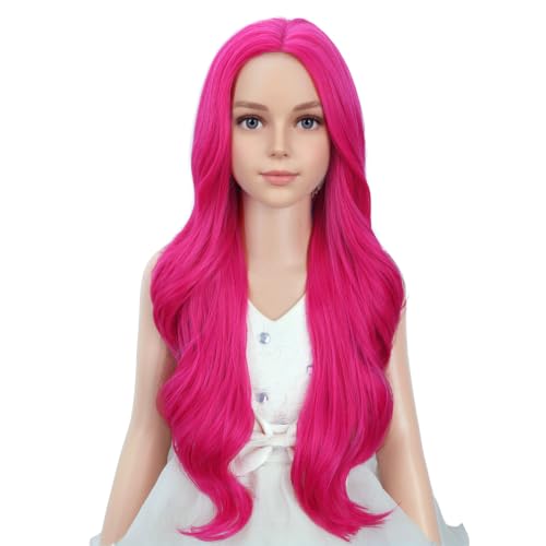 Image of PATTNIUM Hot Pink Wig for Kids Child Long Wavy Curly Wig Girls Neon Pink Wigs Magenta Wigs Rose Pink Cosplay Party Synthetic Hair