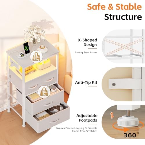 Flrrtenv Dresser for Bedroom, Night Stand with Charging Station, LED Nightstand with 4 Drawers, Tall Commode de Chambre for Bedroom, Bedside Table with Storage Shelf for Living Room, White — view 3