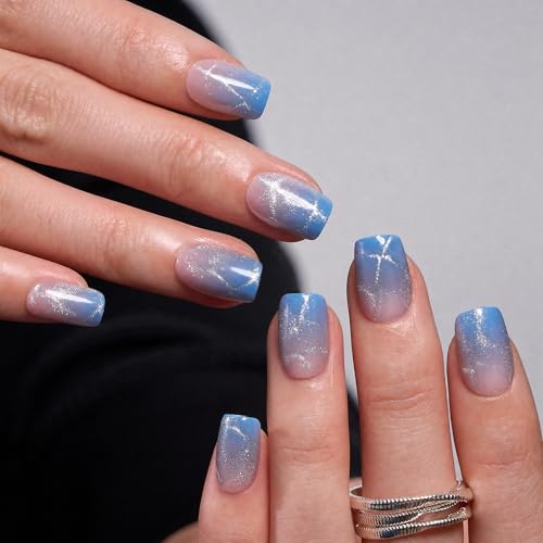 Image of CurvLife Soft Gel Square Press-On Nails Short, Blue Cat Eye Reusable Fake Nails with Glue & Adhesive Tabs, 30PCS Salon-Quality Stick-On Nails for At-Home Manicure (Aurora Drift)
