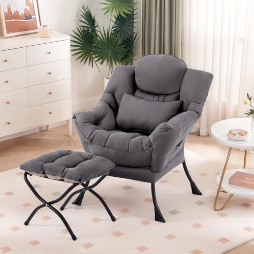 Furlide Lazy Chair with Ottoman, Comfy Fabric Accent Lounge Arm Chair with Lumbar Pillow and Folding Footrest, Reading Leisure Sofa Armchair for Bedroom, Living Room, Dorm,Dark Grey