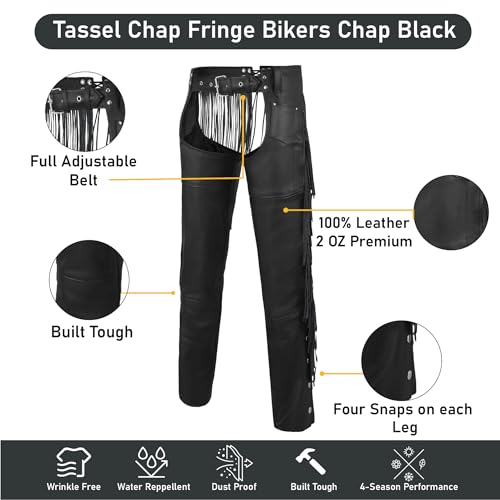 ROUTE66 HIGHWAY LEATHER Tassel Chap Fringe Chaps Motorcycle Riding Bikers Chap Black (Large)