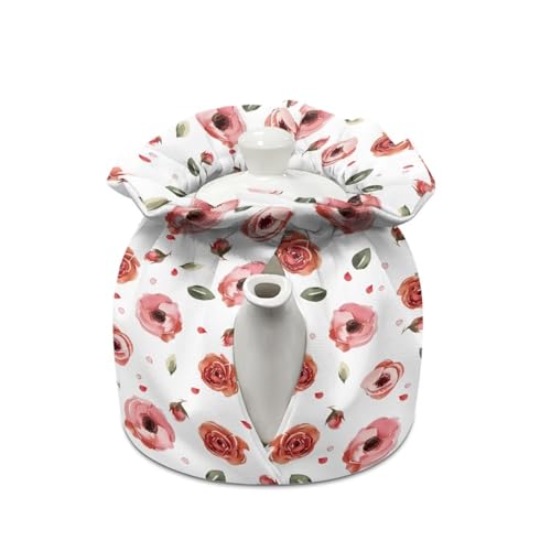 Image of Pink Rose Tea Cosy, Scratches-Proof Insulated Kitchen Teapot Dust Cover with Drawstring, Tea Pot Cozy Breakfast Warmer for Home Kitchen Table Decoration