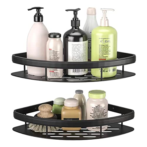 Estante de ducha sin perforaciones adhesivas,Estante de baño de esquina Soporte de jabón de aluminio para triángulo de ducha,2 niveles,Negro Cover