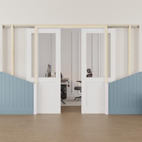 Image of 72 inch x 80 inch (Double 36 inch x 80 inch) Half Clear Glass Pocket Door, Soft-Close Sliding Pocket Door with Frame & Hardware Kit Set, Primed All-Inclusive Interior Door Slab for Home, White, Need to Assemble