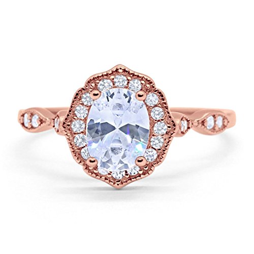 Art Deco Antique Style Wedding Engagement Ring Oval Round Simulated Cubic Zirconia Rose Tone 925 Sterling Silver, Size-7