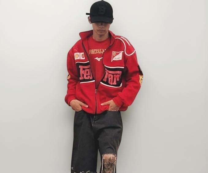 Image of EXOTIX Red F1 Speed Printed Jacket | Motorsport & Streetwear Fusion | Racing Jacket with Patches, Full Zip Hooded Motorsport Style Outerwear