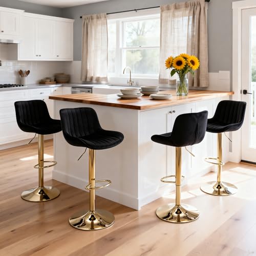 Image of ECHINGLE Velvet Bar Stools Set of 4 - Swivel Counter Height Barstools with Back & Adjustable Height, Modern Gold Kitchen Island Stools for Bar, Armless Pub Stools, Soft Black Upholstered Seating