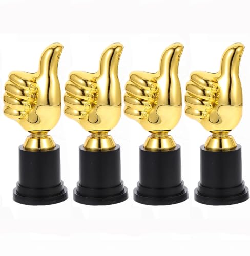 Pulgares Arriba,4 Trofeos de Pulgar Dorado para Niños,Premios Deportivos y Escolares en Plástico ABS Ecológico,Ideal para Competiciones,Fiestas o Recompensas,Diseño Motivacional con Base Estable