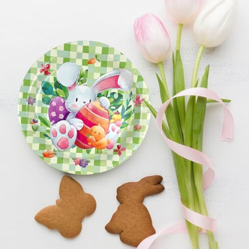 Cieovo DESSERT PLATES5-05 48 Pack Disposable Plates Spring Easter Buffalo Plaid Egg Chick Print Party Paper Plates Dessert Plates thumb #3