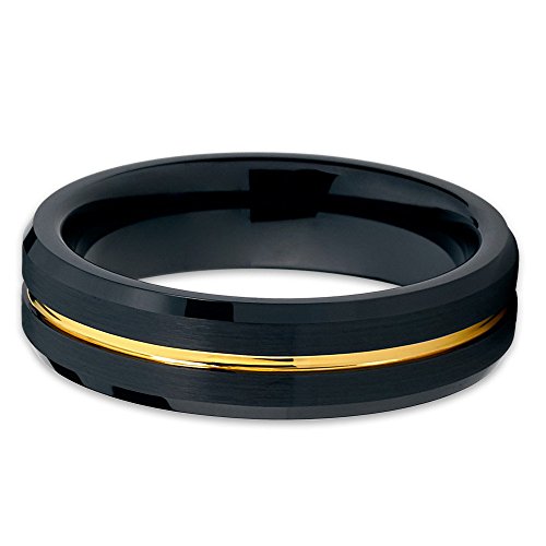 Yellow Gold Tungsten Wedding Band,6mm Black Tungsten Ring,Black Tungsten Wedding Band,Anniversary Ring2