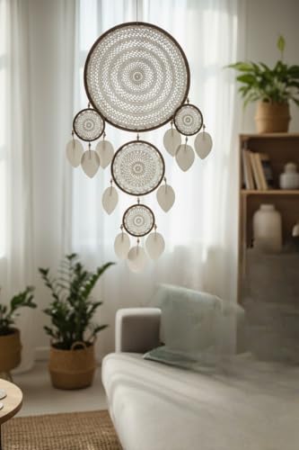 Attrape-Rêves Bohème en Macramé Grand Format Artisanal Blanc 51x125 cm