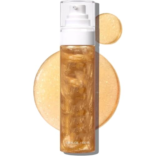 Aceite corporal iluminador, loción de aceite corporal con protección solar, humectante ligero y no pegajoso, iluminador de la piel con resultados radiantes. (01# Golden Amber)