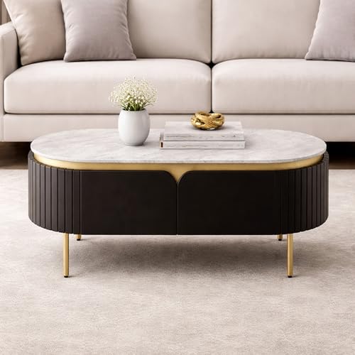 Image of The Attic Carlston Coffee Table for Living Room, Solid Wood Centre Table with Ceramic Top, Black Matte Finish, Oval Shape with Gold Accent