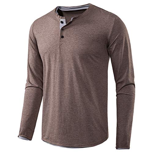 VANCOOG Mens Henley Long Sleeve Round Neck Casual T-Shirt Thermal Full Sleeve Tee-Brown-XXL