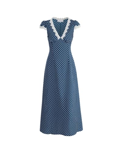 Women Summer Dresses Deep V Neck Polka Dot Prined Splice Lace Dress Elegant Cotton for Party