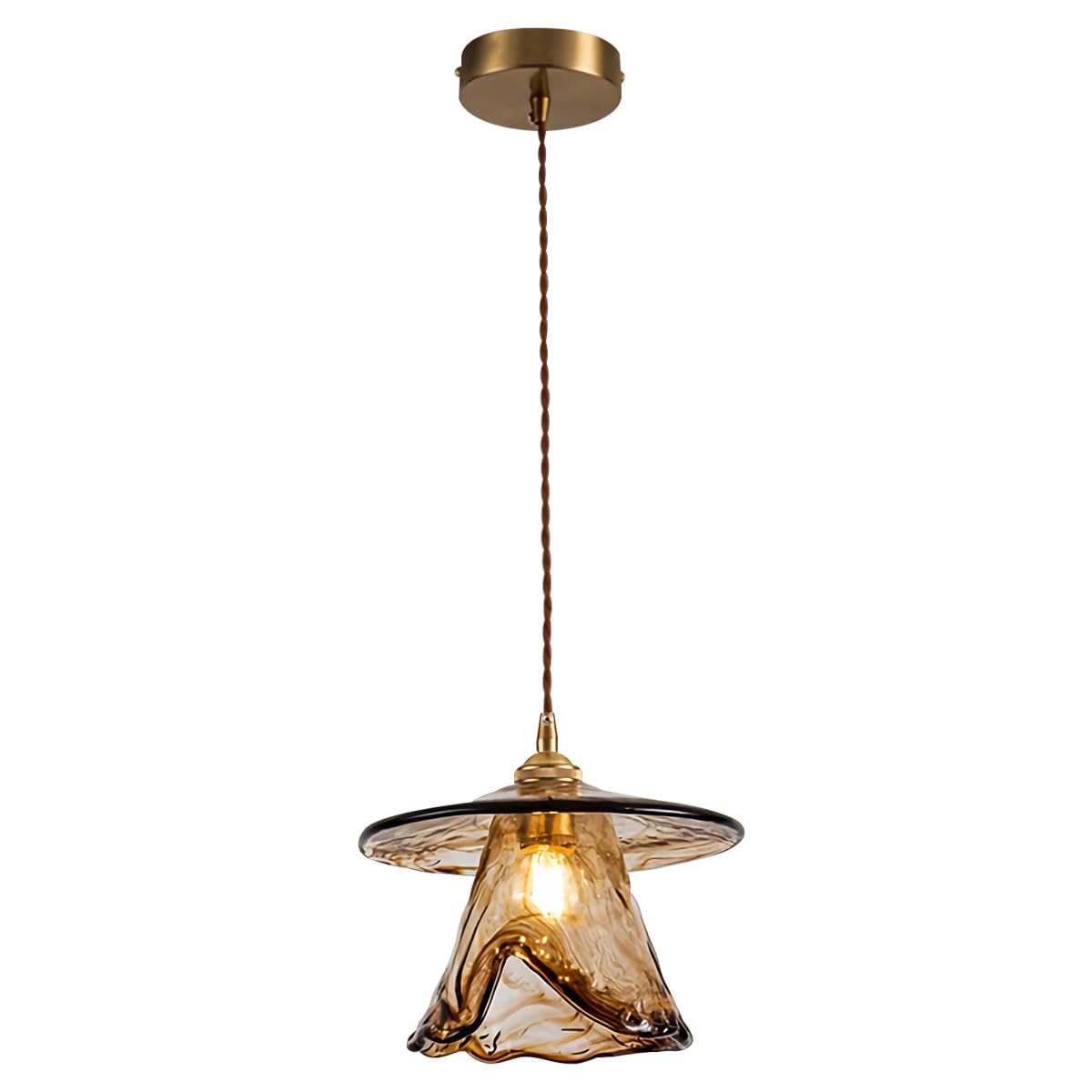 Vintage Amber Glass Pendant Light Adjustable Brushed Gold Ceiling Lamp with Globe Shade for Kitchen Island, Dining Room, Bedroom, Farmhouse Modern Chandelier, E26 Bulb Base