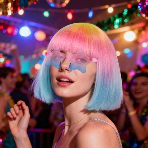 Image of ANOGOL Hair Cap + (Sunglasses) Yellow Pink Blue Gradient Bob Wig with Bangs Womens Party Wigs with Star-Shaped Glasses Short Neon Wig Daily Party Fun Wigs Women Halloween Costume Bachelorette Hair
