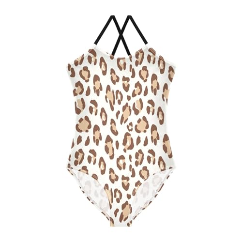 One Piece Toddler Swimsuit Girl, Summer Beach Swimwear 3-10 Y, Leopard Print Soft Brown Beige