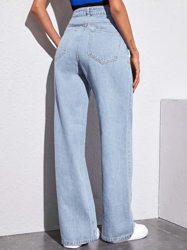 Image of KOTTY Women's High Waist Wide Leg Button Coin Pocket Straight Fit Jeans Stylish Regular to Plus Size Fit Denim Jeans for Women