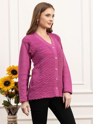 Image of Women's Winter Woolen Cardigan | Full Sleeve Textured Buttoned Sweater for Women | Soft Wool V-Neck Warm Knitted Outerwear for Office & Casual Wear