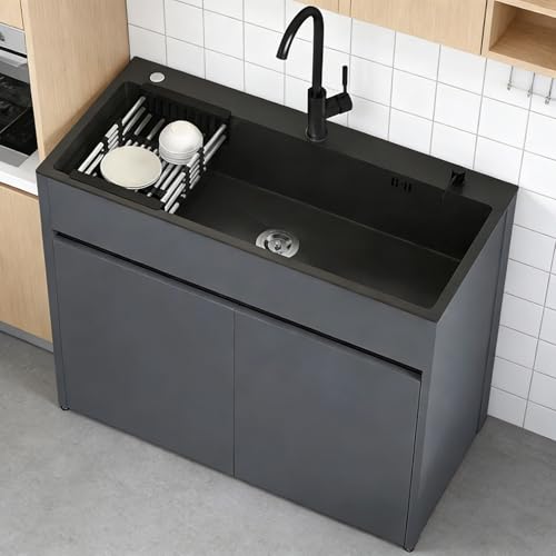 Fregadero de Acero Inoxidable de 80cm con Gabinete Integrado, Tarja Individual con Grifo de Agua Fría/Caliente y Kit de Drenaje Completo, Mueble de Lavadero Multiusos para Exterior, Garaje o Jardín