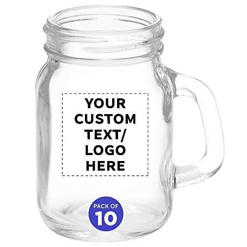 Custom Mason Jar with Handle Set 4.5 oz. Set of 10, Personalized Bulk Pack - Sampler Glasses, Glass Jars for Overnight Oats, Candies, Fruits, Pickles, Spices, Beverages - Clear