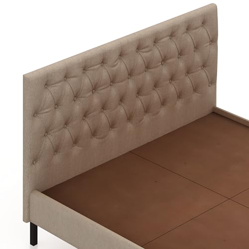 Image of Ganpati Arts Solid Sheesham Wood Fabrio Upholstered King Size Bed Without Storage and Tufted Headboard | Durable Wooden Double Bed Cot Palang for Bedroom, Hotels and Home Furniture (Seasame)