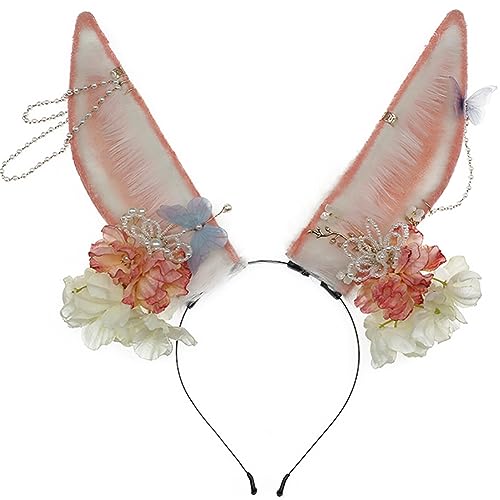 LJJCSFF Floral Bunny Ears Headband Furry Rabbit Cat Fox Ears Headband Handmade Animal Fur Ears Halloween Cosplay Costume