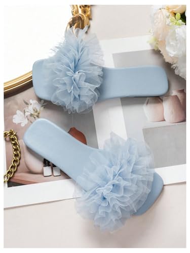 OYOANGLE Women's Square Open Toe Slide Sandals Sheer Ruffle Dressy Slip on Flat Sandal2